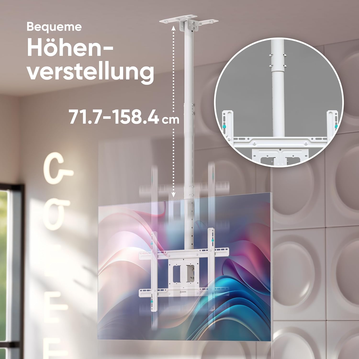 Detalle de ONKRON TV Deckenhalterung N1L-W: 32–80 Zoll, bis 68 kg, schwenkbar/neigbar, VESA 100x100–600x400, höhenverstellbar