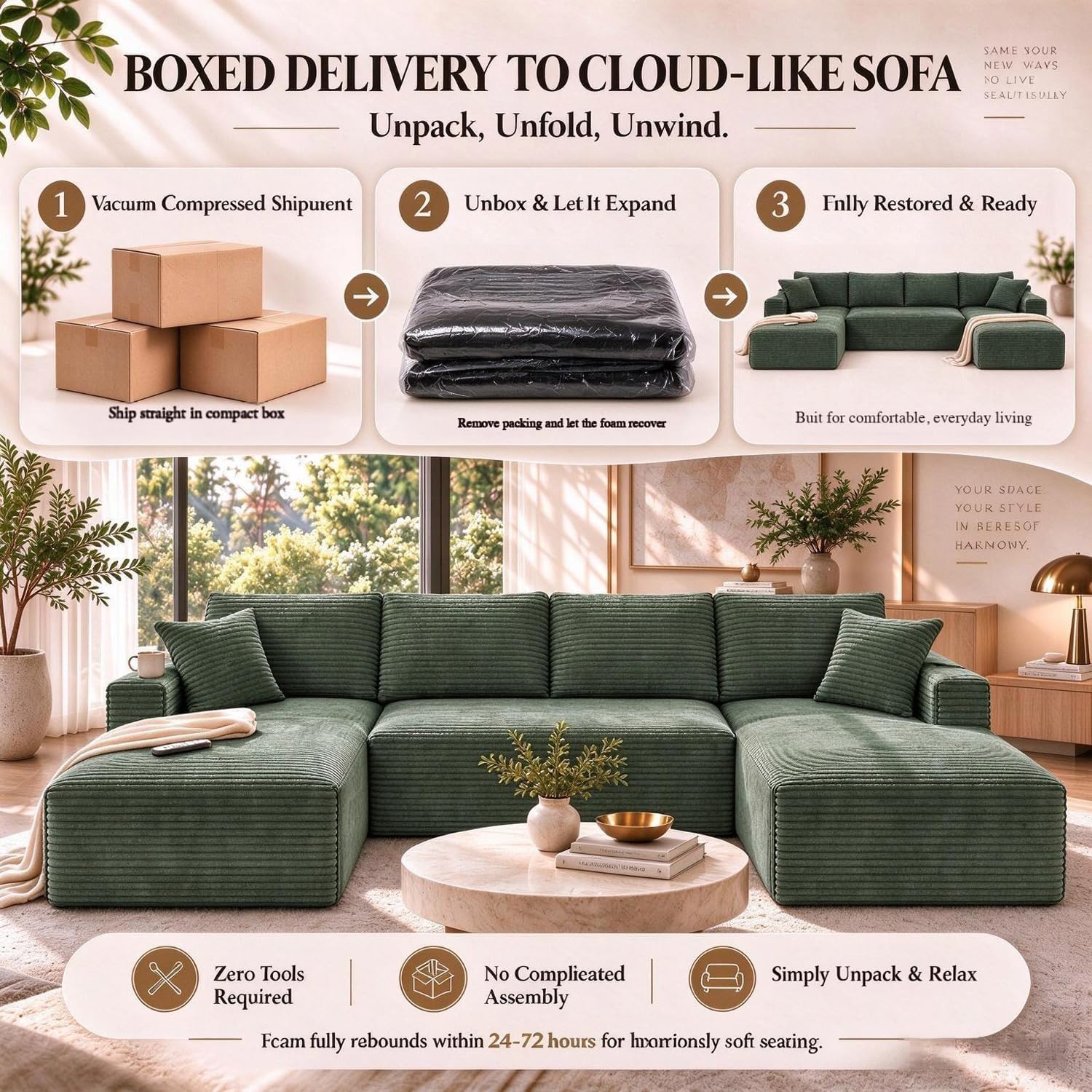 Detalle de Yomsum SF2650-Green134 134-Inch U-Shaped Modular Sectional Sofa