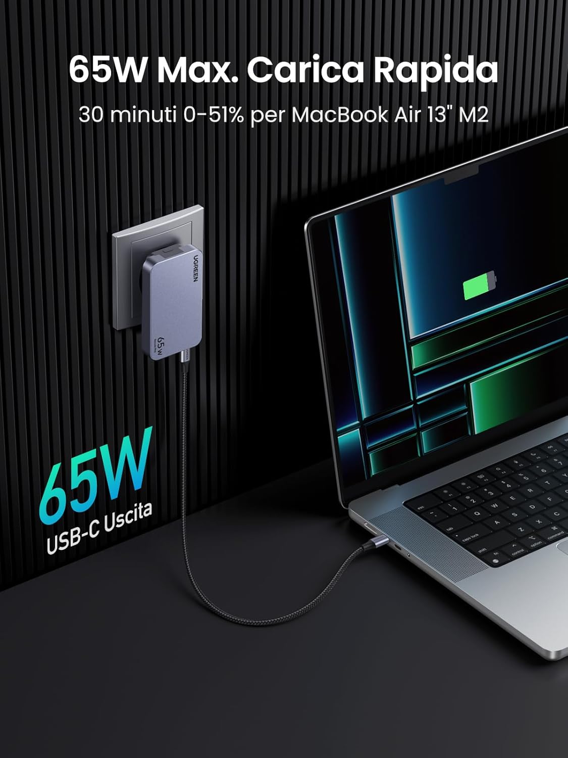 Detalle de UGREEN Nexode Air caricatore ultra sottile 65W con USB-C e USB-A, compatibile (Galaxy S e MacBook, iPad, iPhone, Steam Deck)