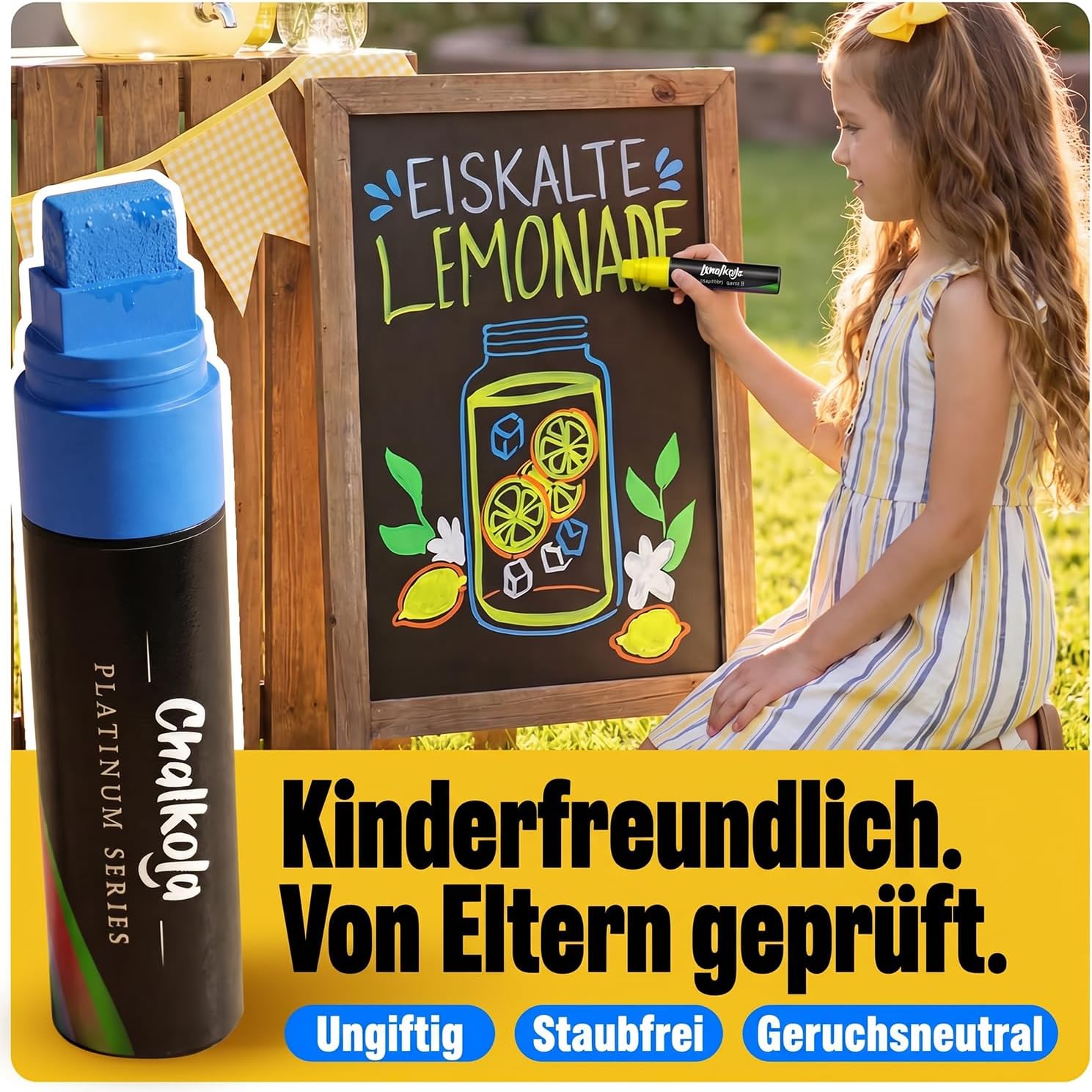 Detalle de Chalkola Kreidestifte abwaschbar für Tafel & Fenster – Jumbo 15 mm (8 Kreidestifte)