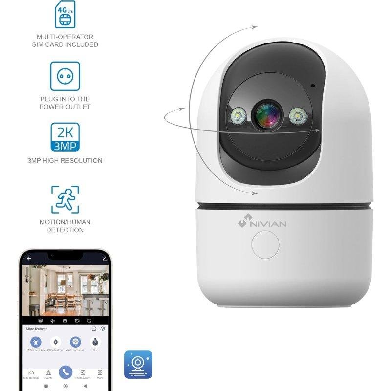 Detalle 2 de Cámara IP Nivian 4G 2K Interior con Visión Nocturna, IA y Audio Bidireccional