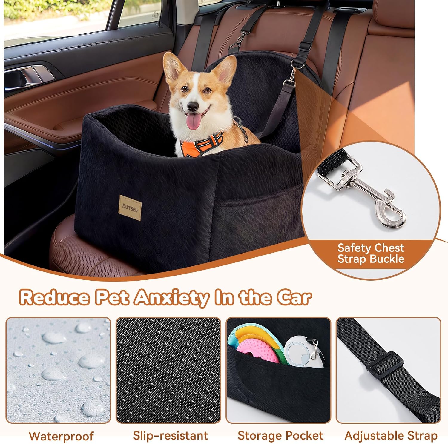 Detalle de Autsel Dog Car Seat for Medium & Small Dogs – Waterproof Booster Seat with Safety Belt and Storage Pockets