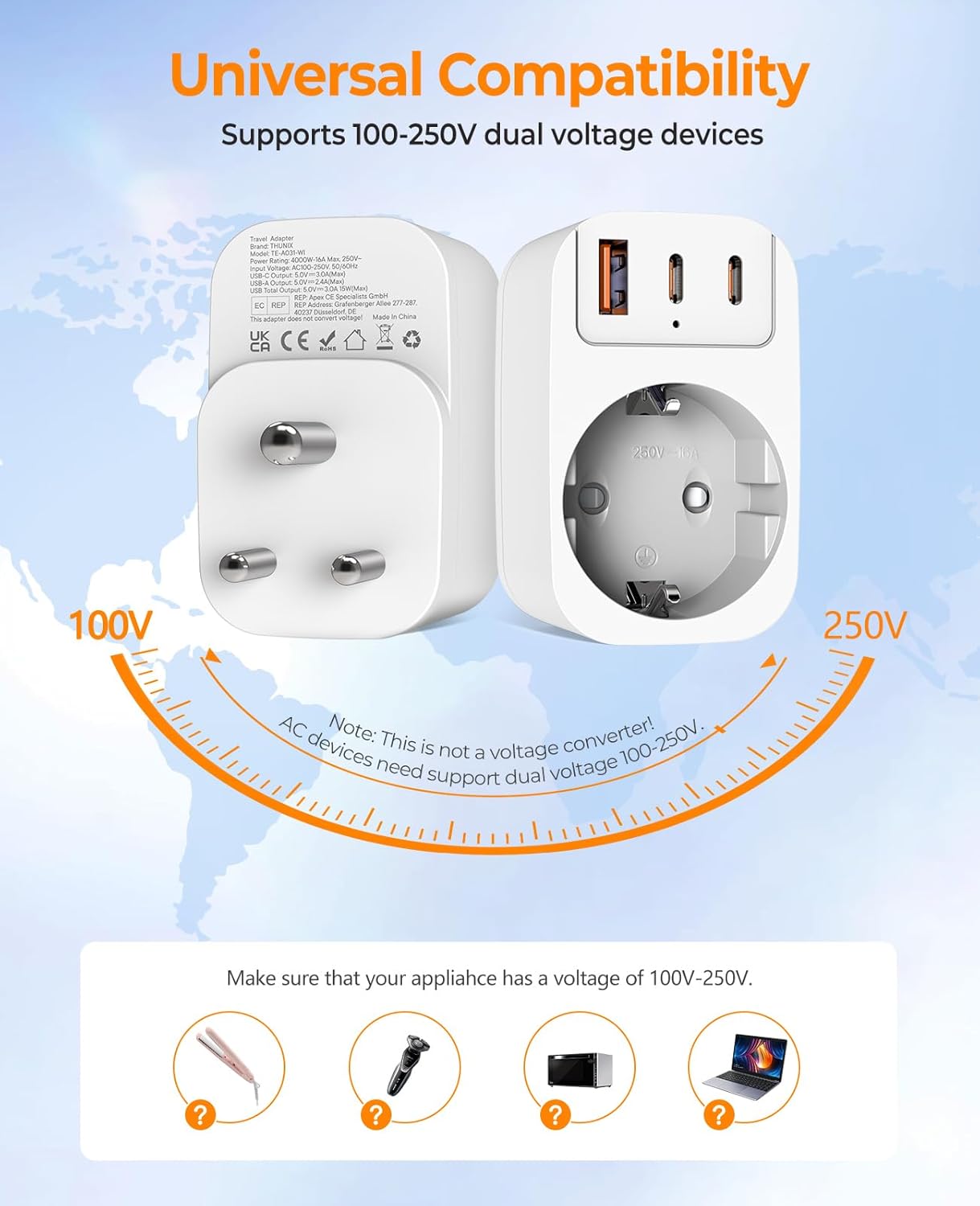 Thumbnail 5 de THUNIX Adaptateur voyage France vers Inde 4 en 1 avec 3 USB (2 Type C) et prise Type D