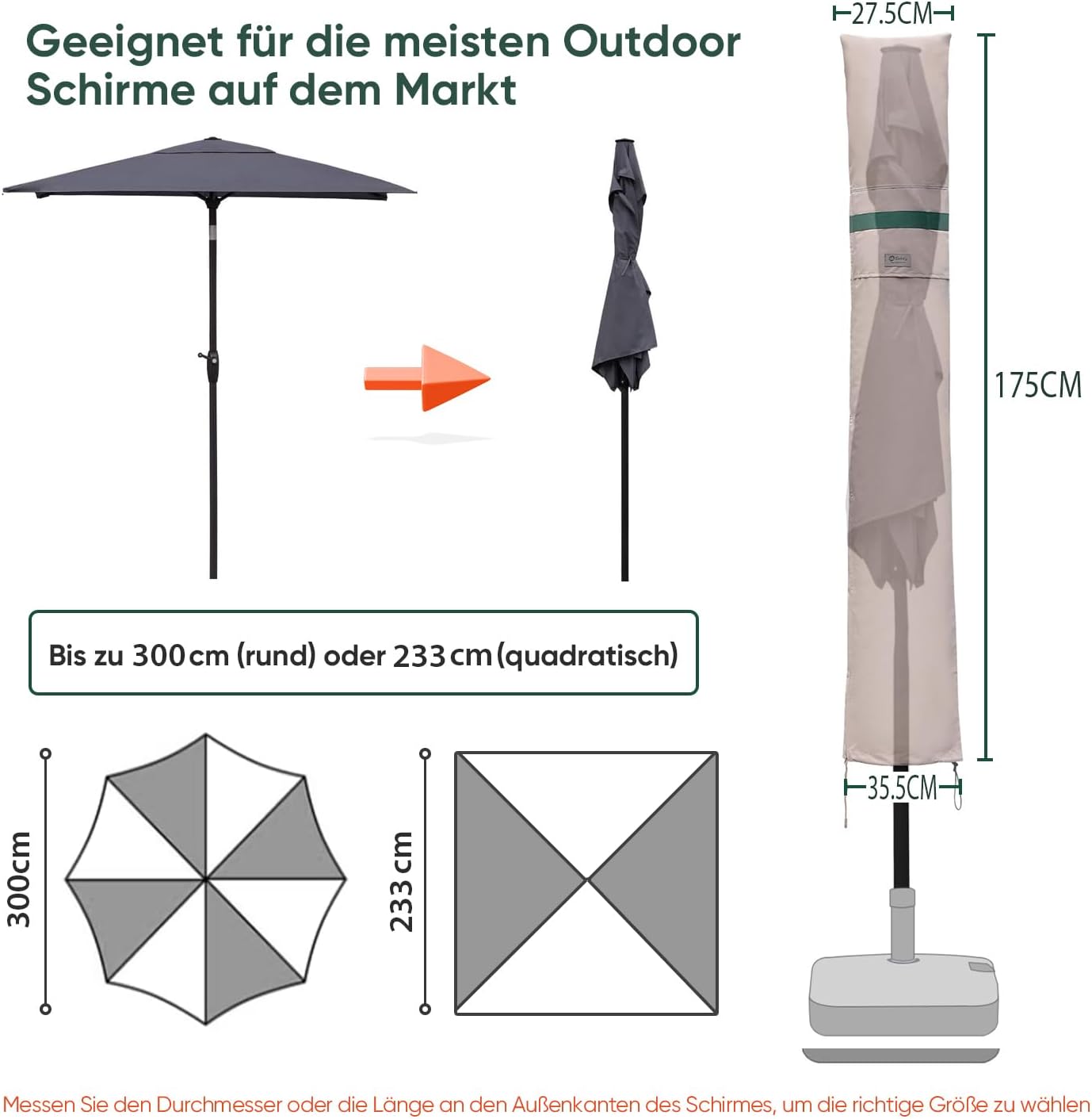 Thumbnail 2 de Sekey Sonnenschirm Schutzhülle mit Stab – wasserdichte Abdeckung für Ø 200 cm Gartenschirm, Khaki