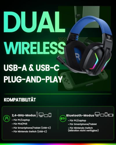 Detalle de WESEARY Gaming Headset Wireless mit Mikrofon – kompatibel mit PS5, PS4, PC, Switch