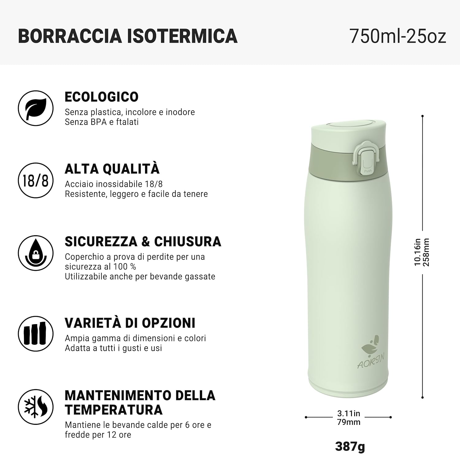Thumbnail 2 de AORIN borraccia termica in acciaio inox 18/8 da 750 ml per bambini (senza BPA) con tappo a un solo tocco e 2 coperchi