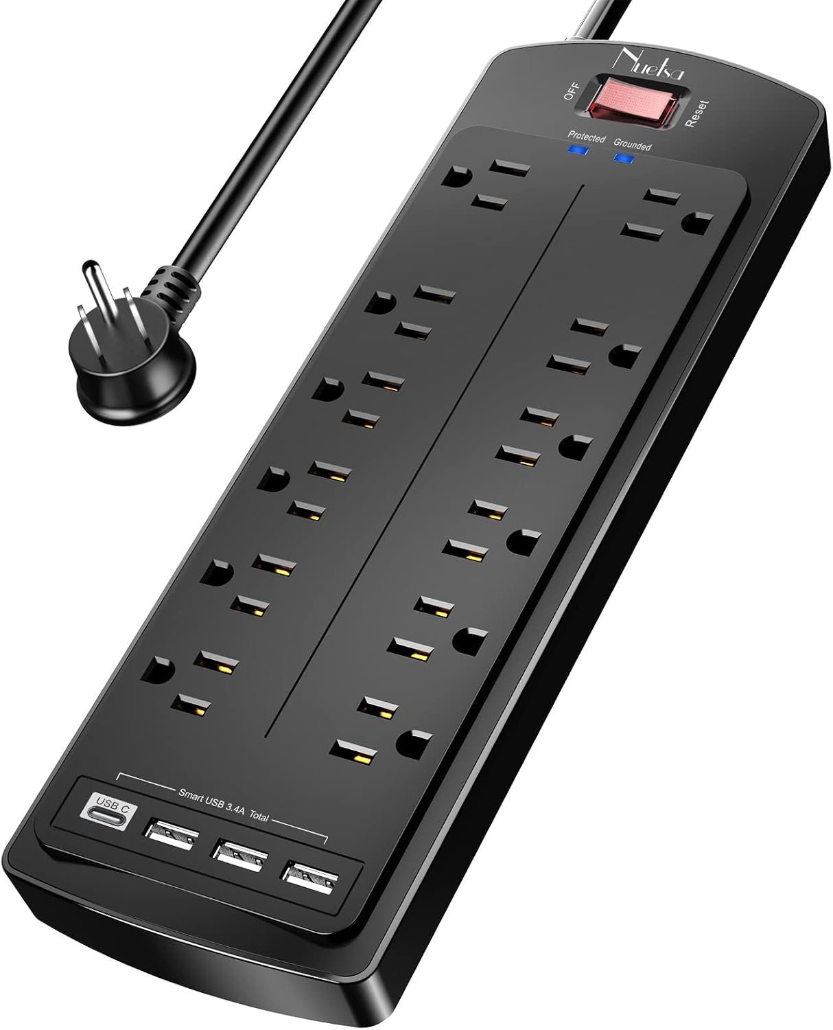 Detalle de Nuetsa PS951B Surge Protector Power Strip, 12 Outlets, 4 USB Ports