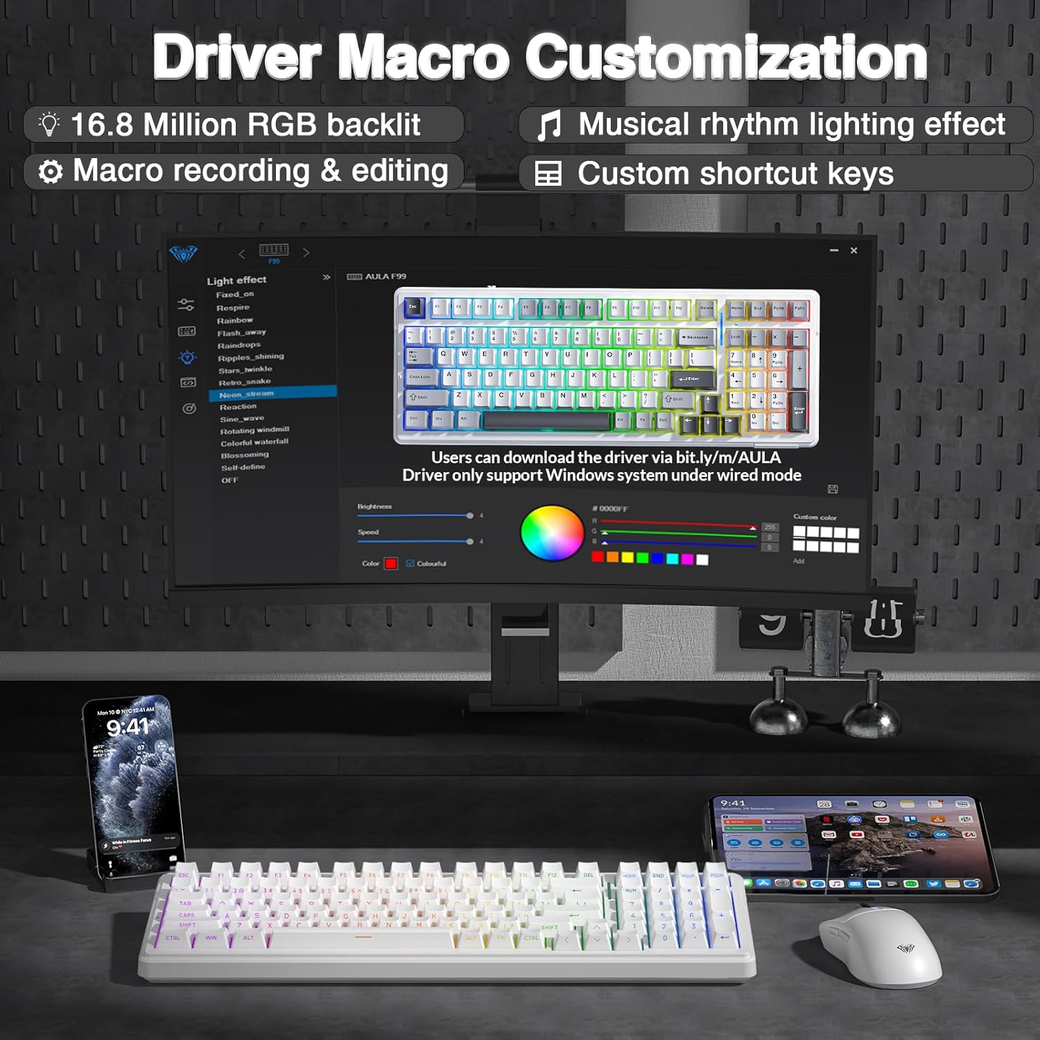 Thumbnail 5 de AULA F99 Mechanical Gaming Keyboard: BT5.0/2.4GHz/USB-C, Hot Swappable, 8000mAh – White