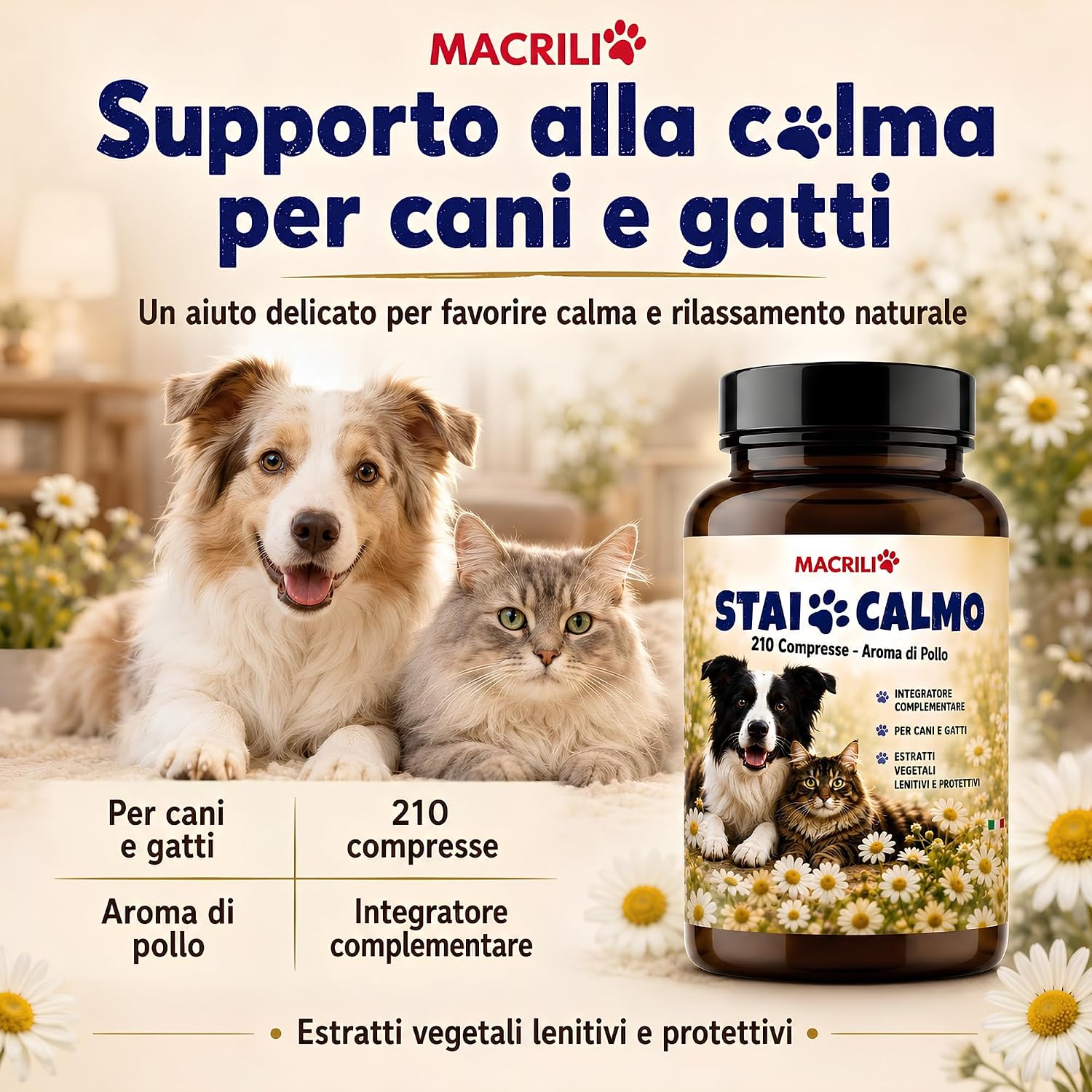 Detalle 2 de MACRILI Calmante Cane e Gatto 210 Compresse Aroma Pollo: supporto calmante per cani e gatti nervosi