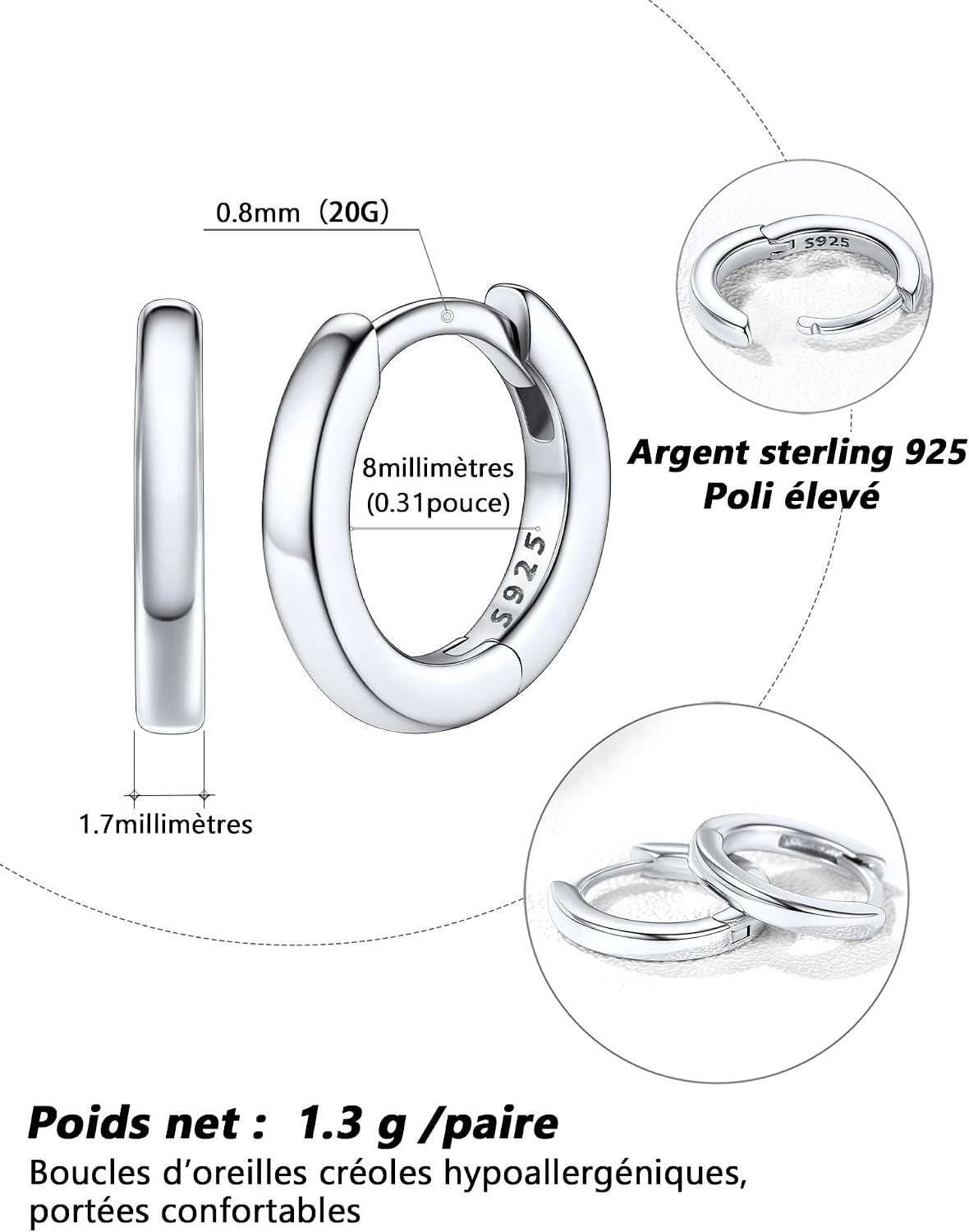 Detalle 2 de Silvora Petit Créole en Argent 925 Massif – Boucles d’Oreilles Anneau 6–20 mm, Argent/Noir/Plaqué Or/Rose