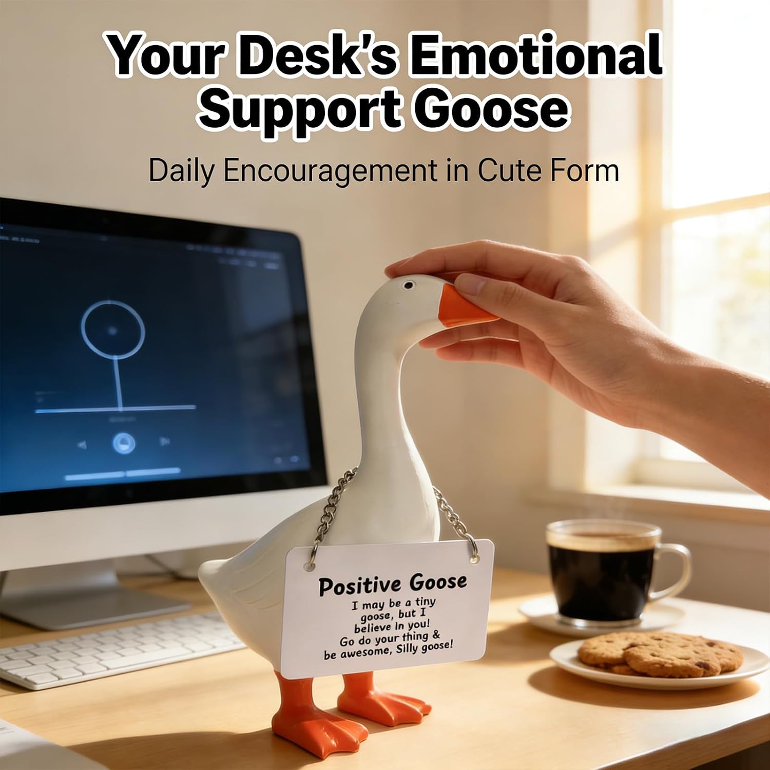 Detalle 2 de Desk Goose 7 Inch Cute Office Decor Desktop Statue Gift with Magnetic Beak – Positive Vibes for Women