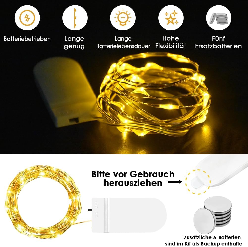 Detalle 2 de WEARXI Lichterkette Batterie (10 Stück, 2 m, 20 Mini-LED) für Innen-Deko