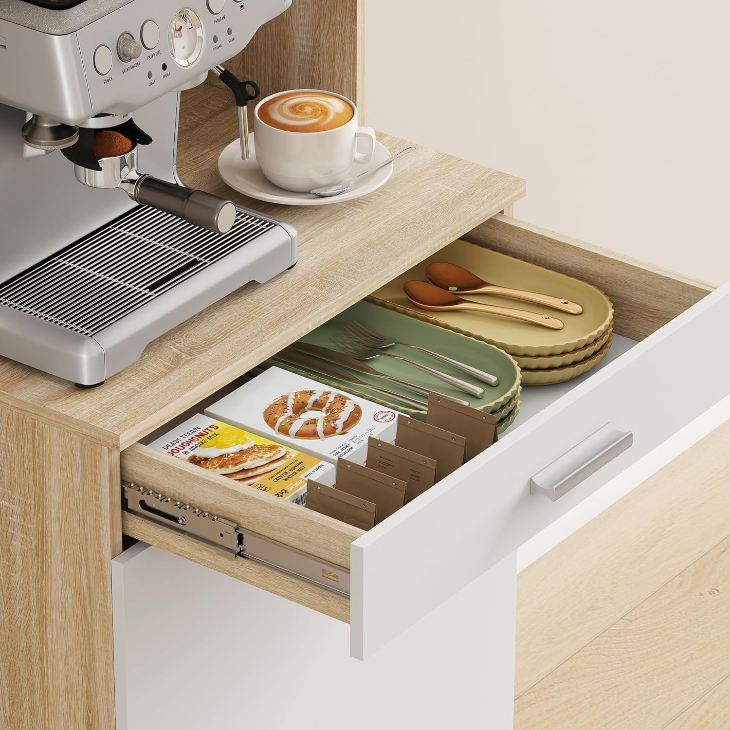 Thumbnail 4 de HOMCOM Buffet Haut Cuisine – Armoire de Cuisine 55x40x174 cm, blanc et bois naturel