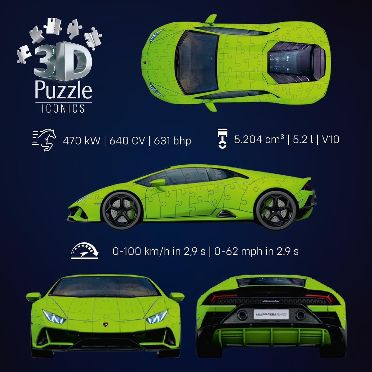 Thumbnail 6 de Ravensburger Puzzle 3D Lamborghini Huracán Evo – Maquette sans colle, 108 pièces