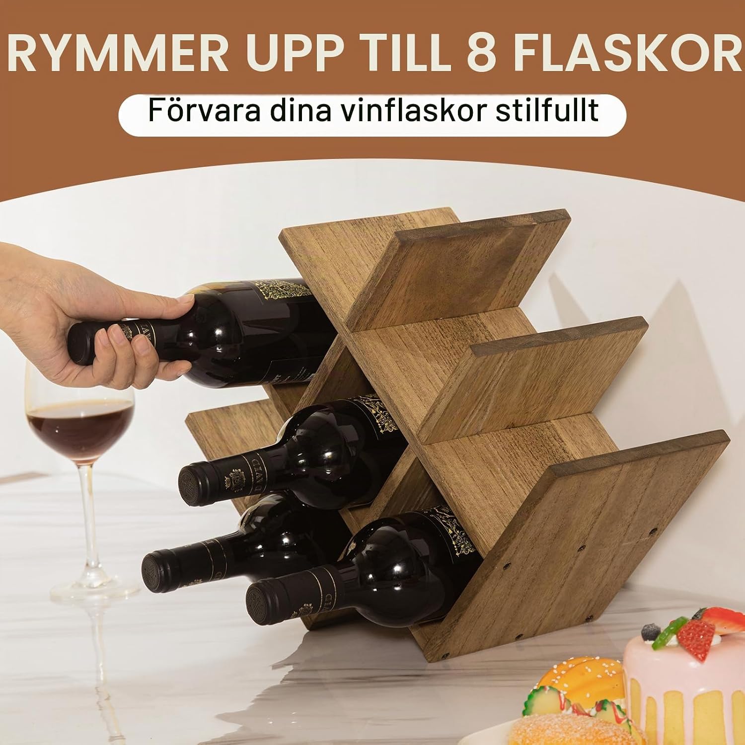 Detalle de KIRIGEN XHJJ3-DBR vinställ i trä för 8 flaskor, tre hyllplan