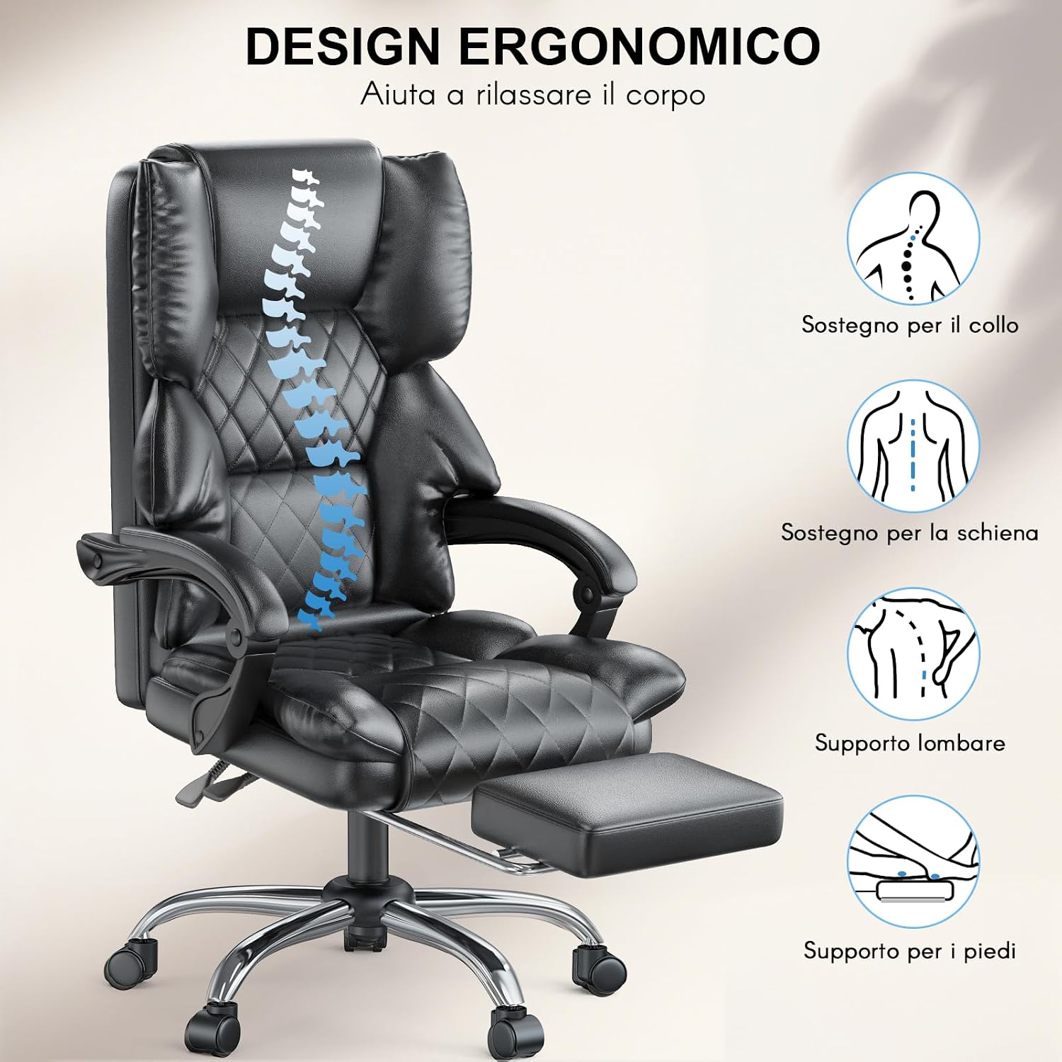 Detalle 2 de naspaluro Sedia da ufficio ergonomica reclinabile con poggiapiedi e schienale alto in PU nera