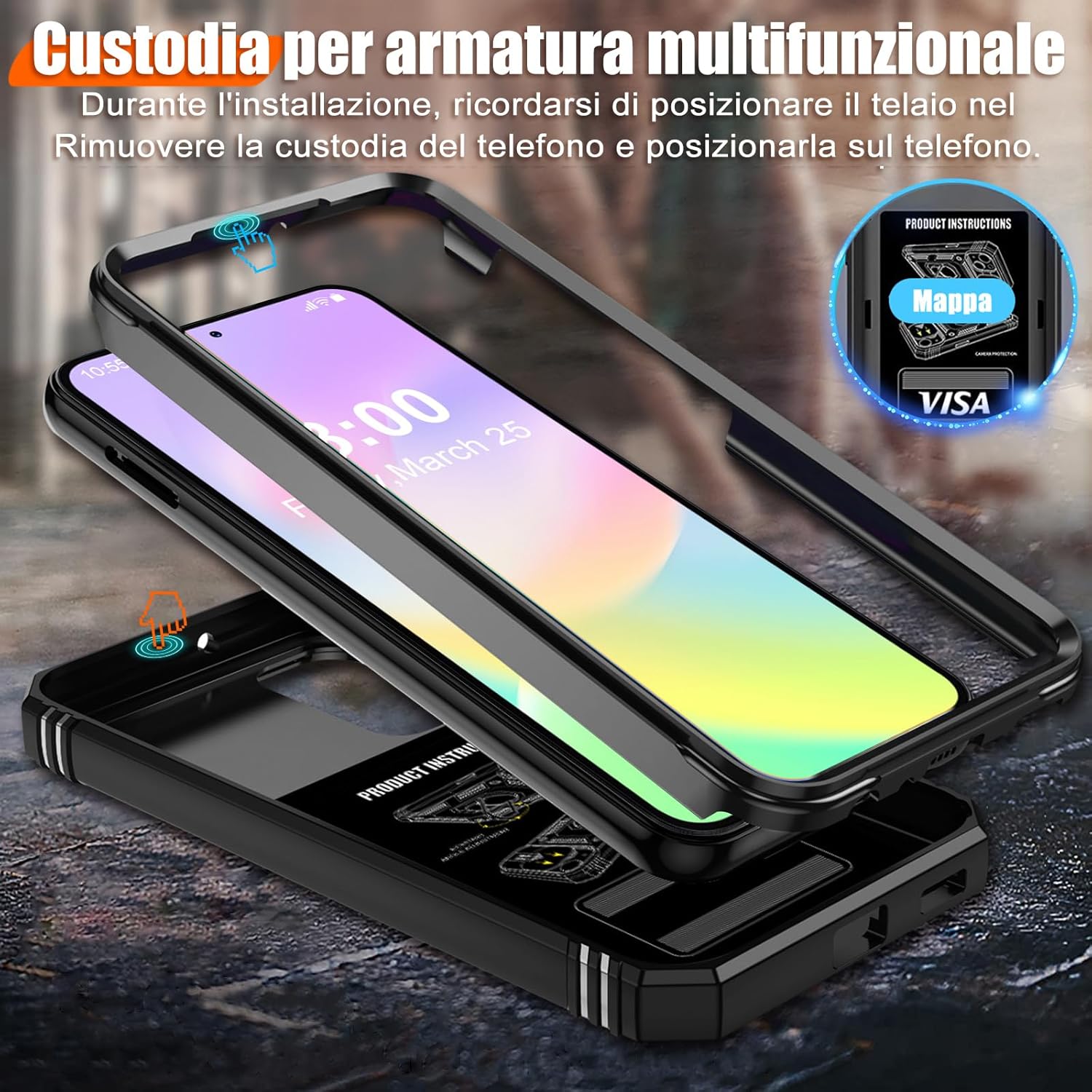 Detalle de Giyer Cover per Samsung Galaxy A53 5G: custodia con vetro temperato, protezione militare e supporto rotante 360°