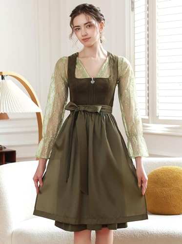 Detalle de EIISSION Dirndl Damen midi Lang Dirndl Grün – 3-teiliges Trachtenset mit Bluse und Schürze
