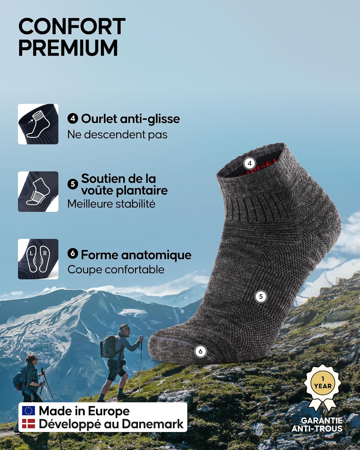 Detalle de DANISH ENDURANCE Chaussettes de Randonnée en Laine Mérinos Légères – lot de 3 (Unisex)