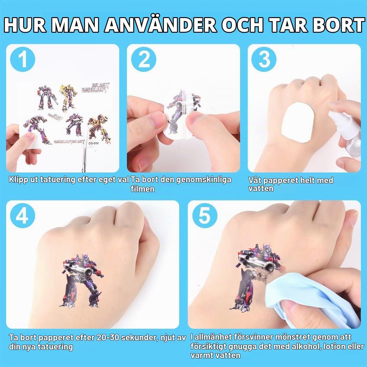 Detalle 2 de AOMIG tillfälliga tatueringar för barn, 4 ark med vattentåliga Autobotmotiv