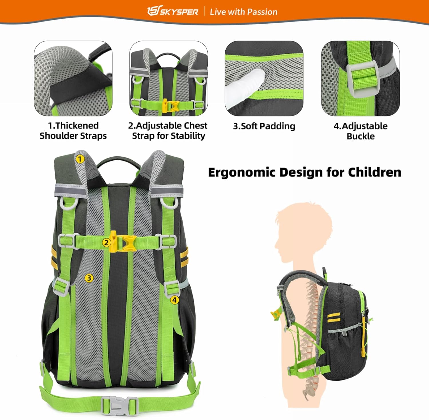 Detalle de SKYSPER Kinderrucksack Wandern für Jungen & Mädchen (3–8 Jahre) – komfortabler Wanderrucksack für Outdoor