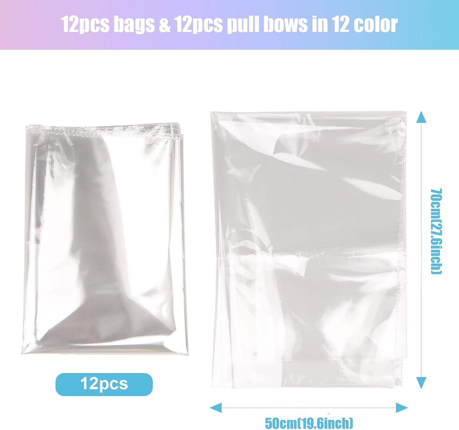 Detalle 2 de 12 large clear cellophane hamper bags (50 x 70cm) with 12 pull bows – Christmas, Easter, Valentine’s and more