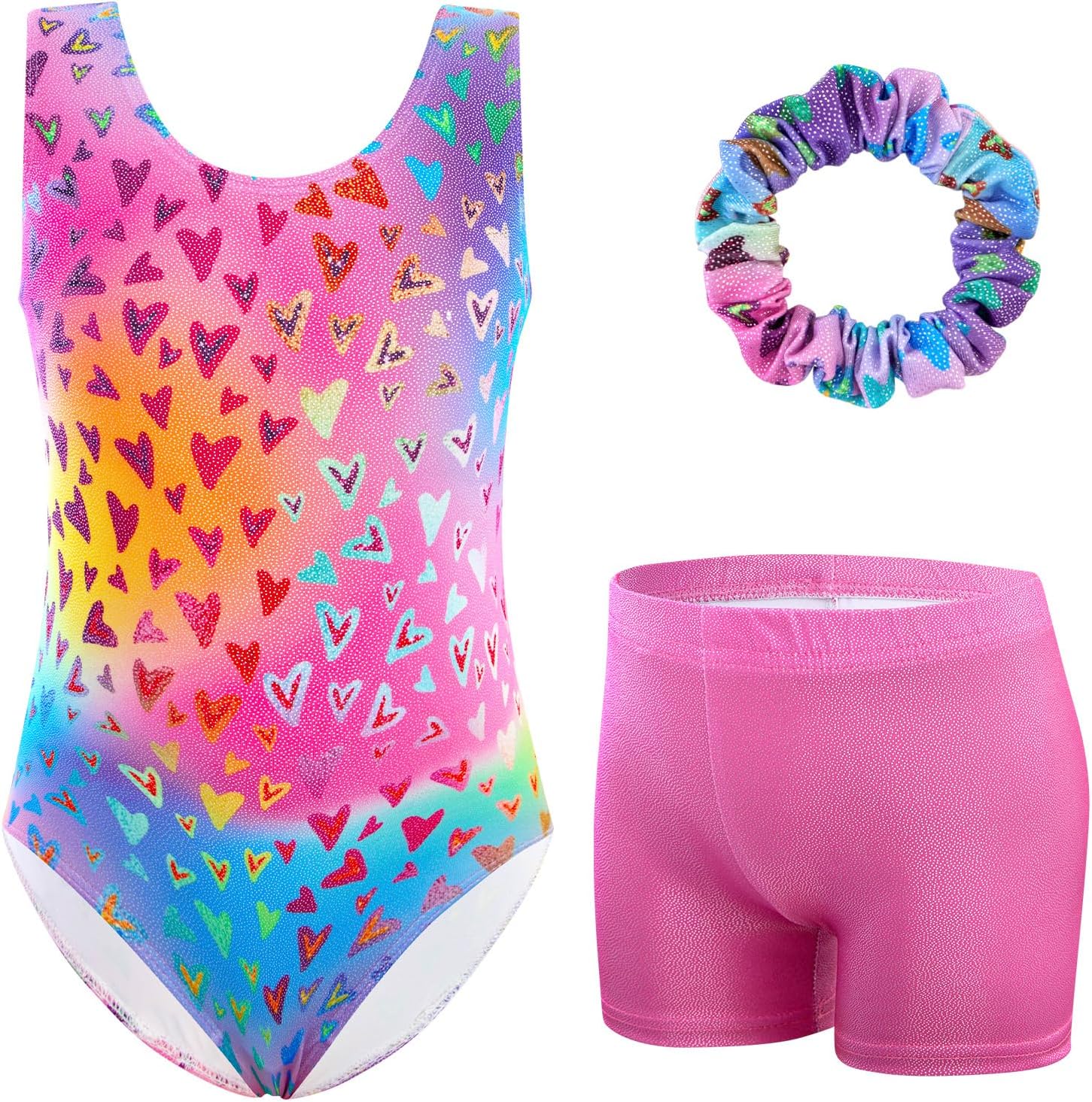 Thumbnail 3 de XiaoMoSha Girls Three-Piece Gymnastics Leotards Set (Sleeveless Leotard, Shorts & Hairband) for Kids 3–12