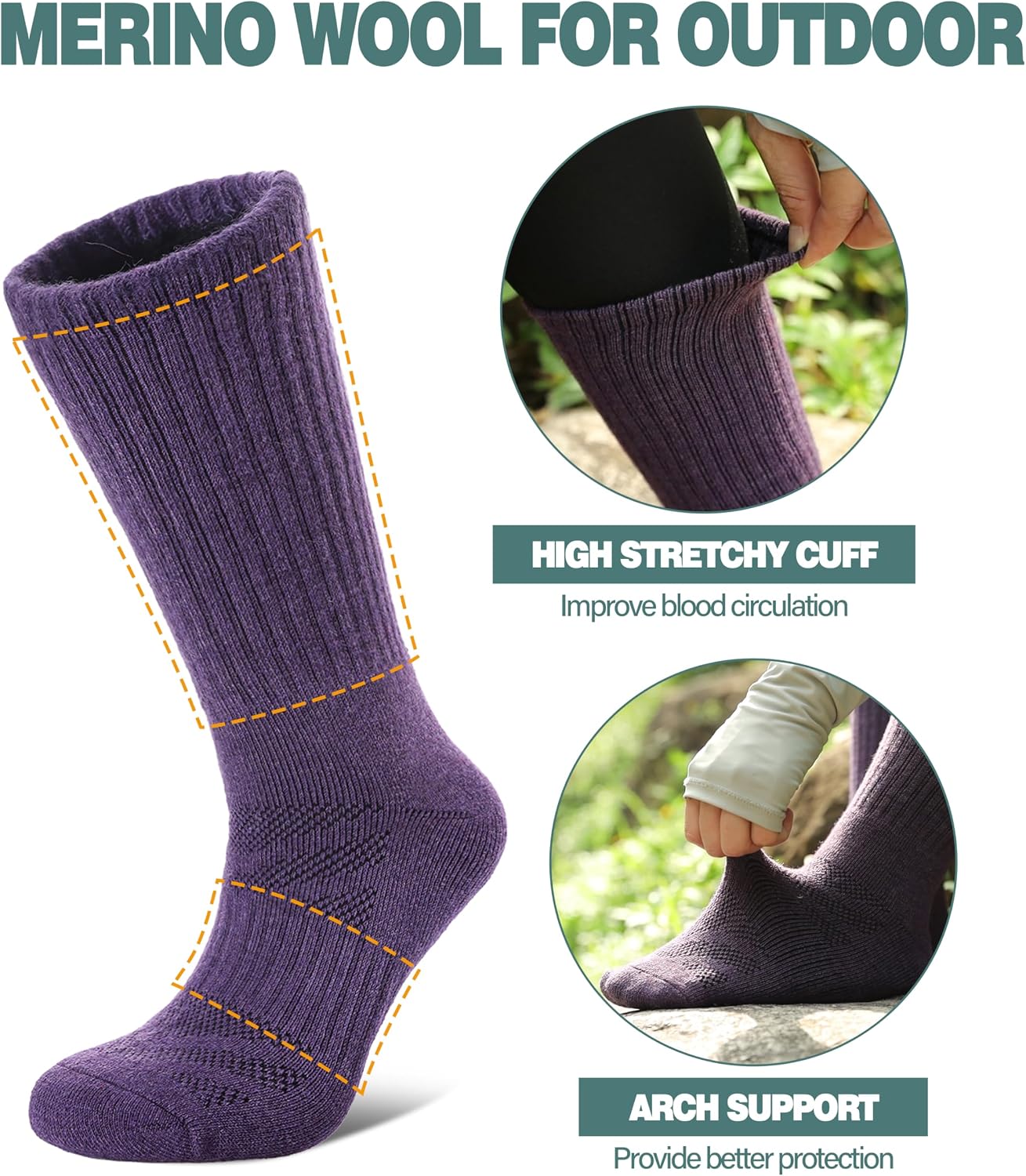 Detalle de LANLEO Merino Wool Hiking Socks, 5-Pair Cushioned Moisture-Wicking Crew Socks