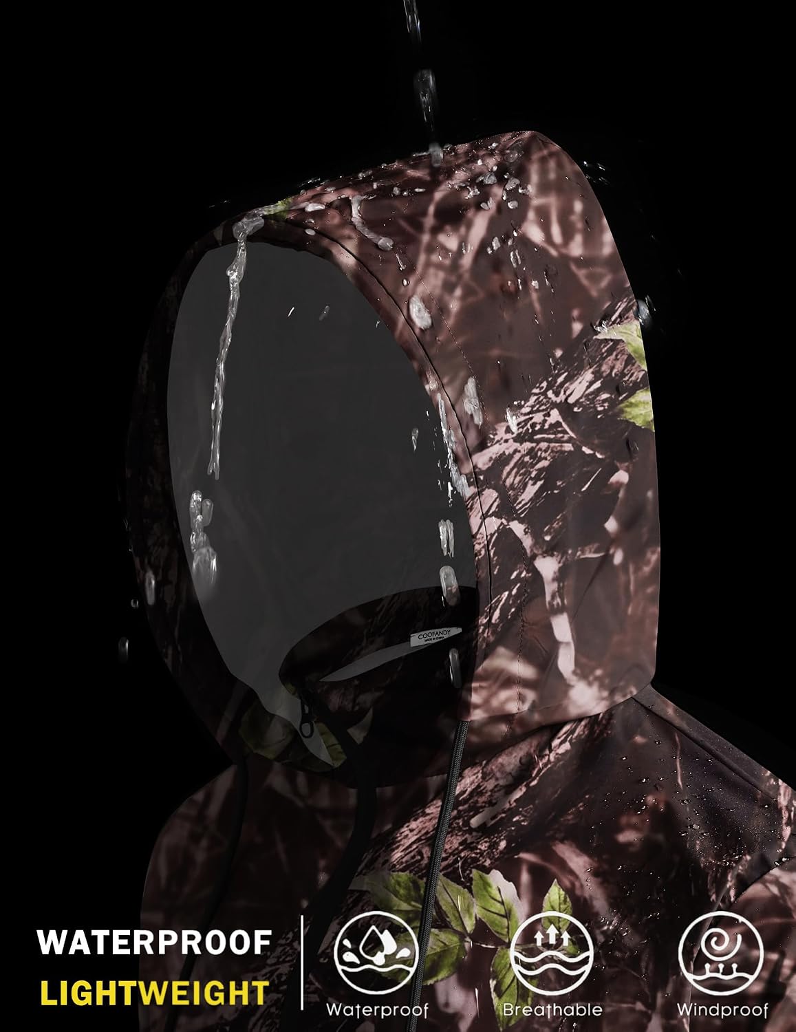 Detalle de COOFANDY Men's Light Rain Jacket with Hood — Packable Waterproof Raincoat for Outdoor Activities
