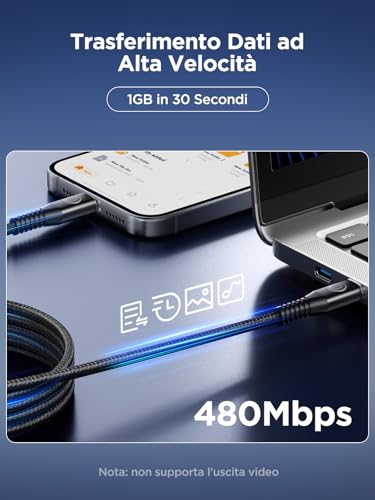 Detalle de Cavo USB-C 3M 100W Cavetto Yosou: Ricarica rapida e trasferimenti affidabili