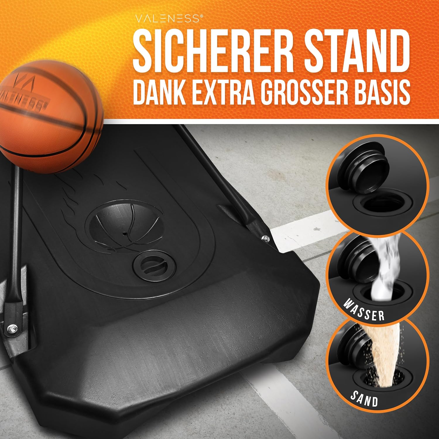Detalle de VALENESS® Basketballkorb Outdoor – Höhenverstellbar 135–305 cm, wetterfest, inklusive Ball, Pumpe und Anleitung