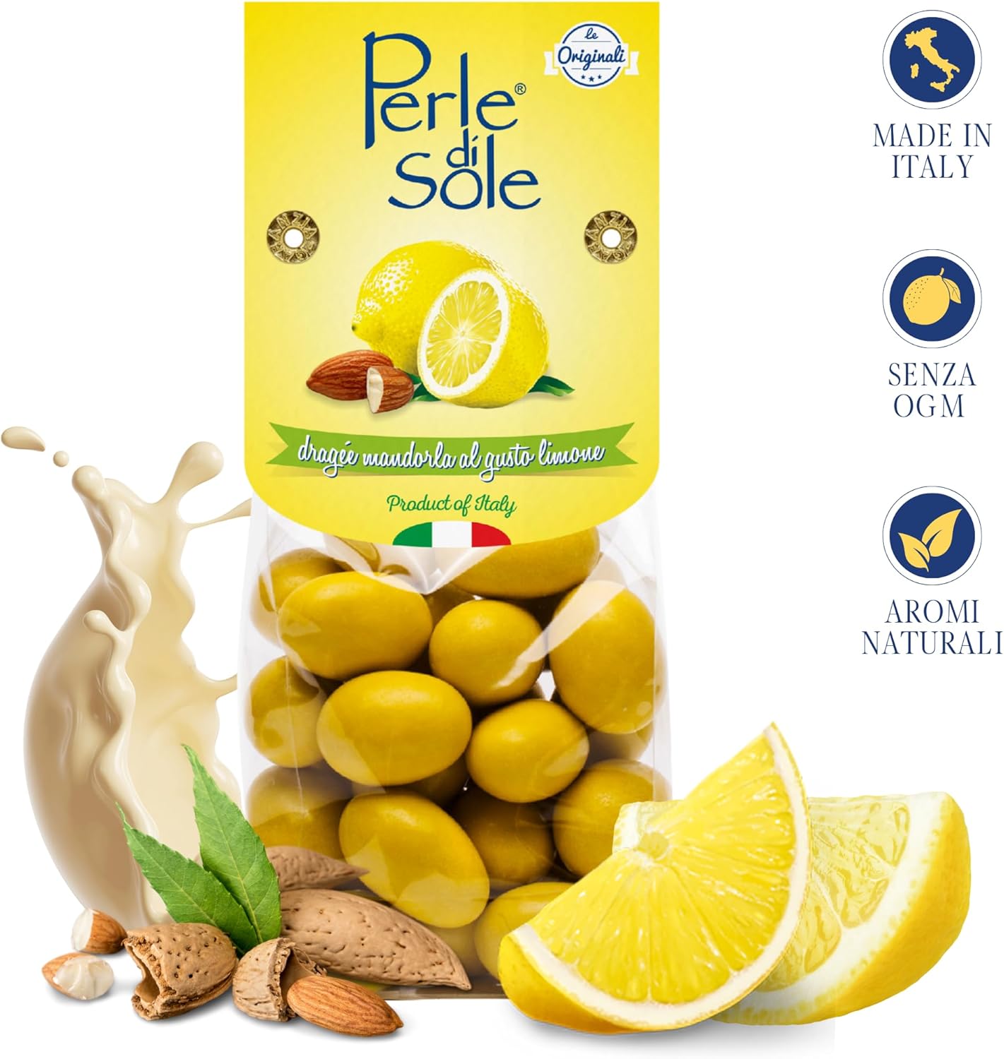 Detalle de Perle di Sole – Confetti Dragées Mandorla al Limone, 150 g: mandorle tostate ricoperte di cioccolato bianco al limone, senza glutine