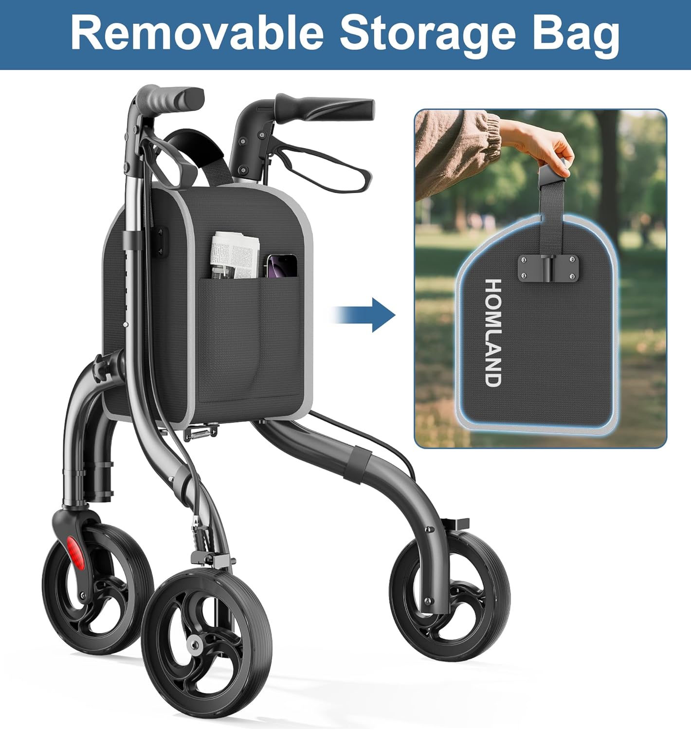 Detalle 2 de HOMLAND 3 Wheel Walkers for Seniors — Lightweight, Foldable Aluminum Rollator with Removable Storage Bag