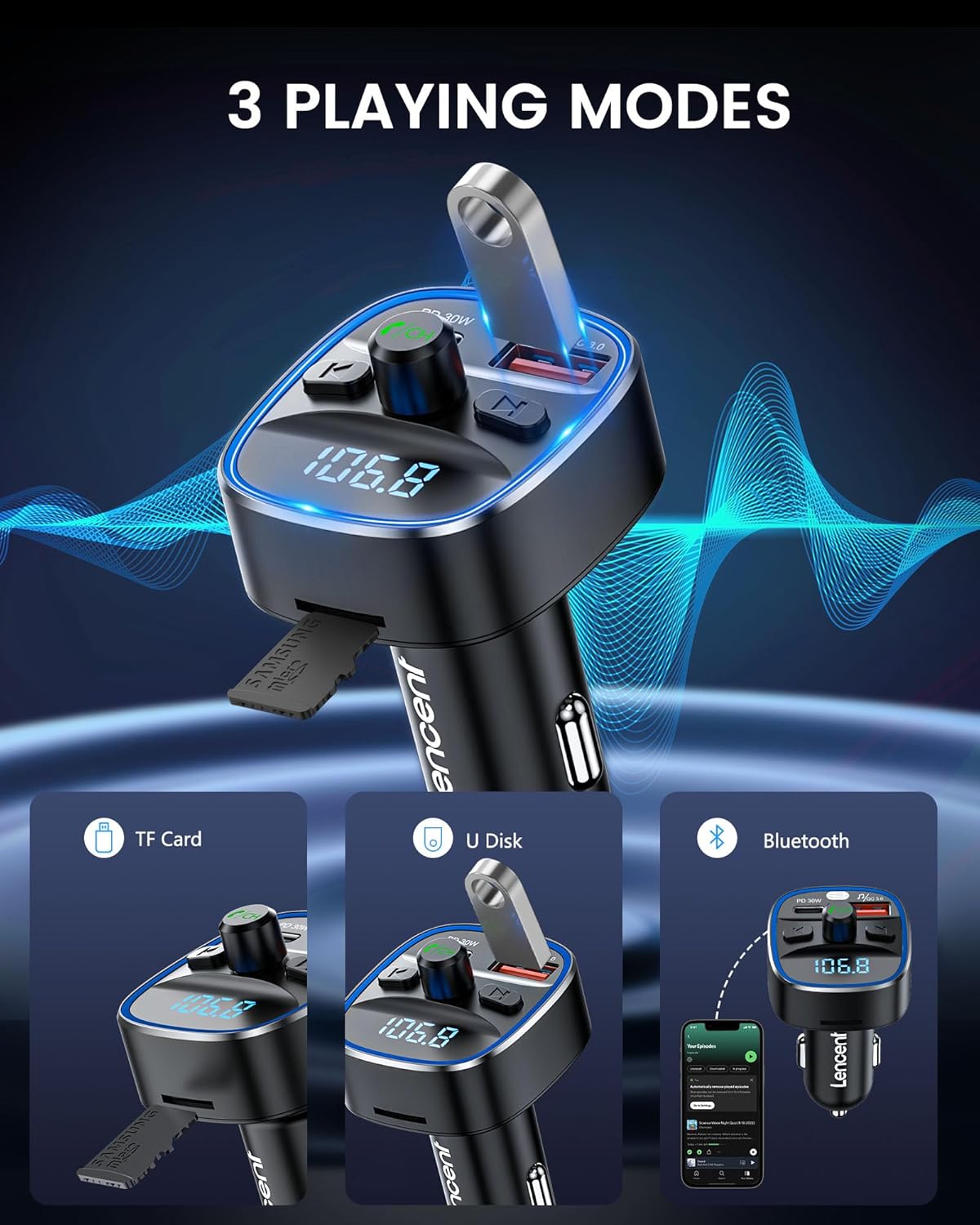 Detalle 2 de LENCENT Transmisor FM Bluetooth 5.4 coche 48W PD 30W & 18W Luz 7 colores