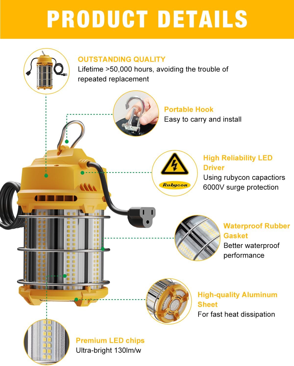 Detalle de JC-LGL RMS-H5-9-100W 100W LED Work Light, 13,000 Lumens, 5000K