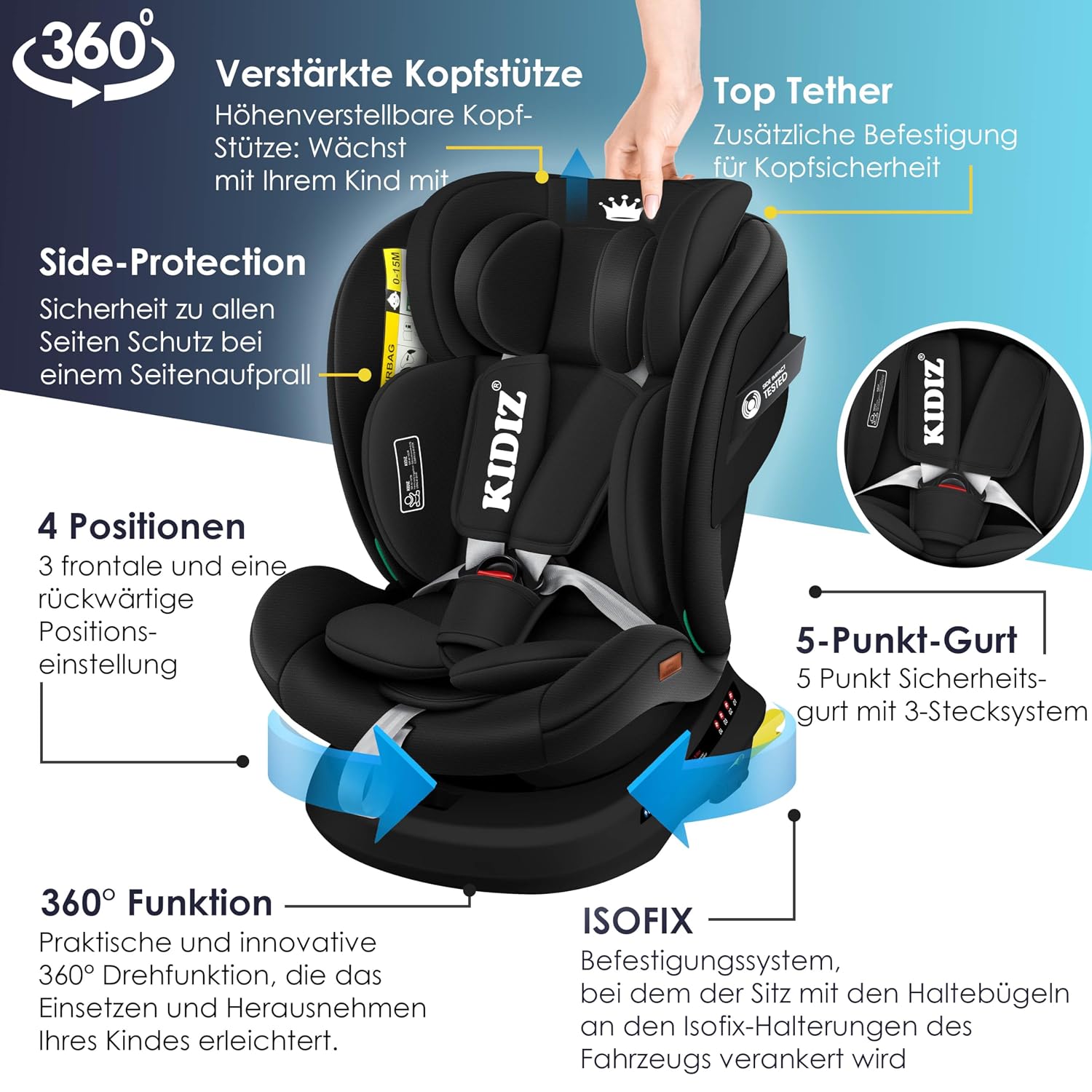 Thumbnail 2 de KIDIZ Autokindersitz mit ISOFIX i-Size R129 (100–150 cm) bis 12 Jahre, 5-Punkt-Gurt, höhenverstellbare Kopfstütze – Schwarz