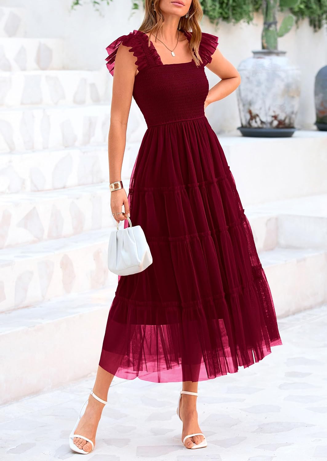 Detalle de PRETTYGARDEN Women's Summer Tulle Midi Dress with Smocked Ruffle Detail