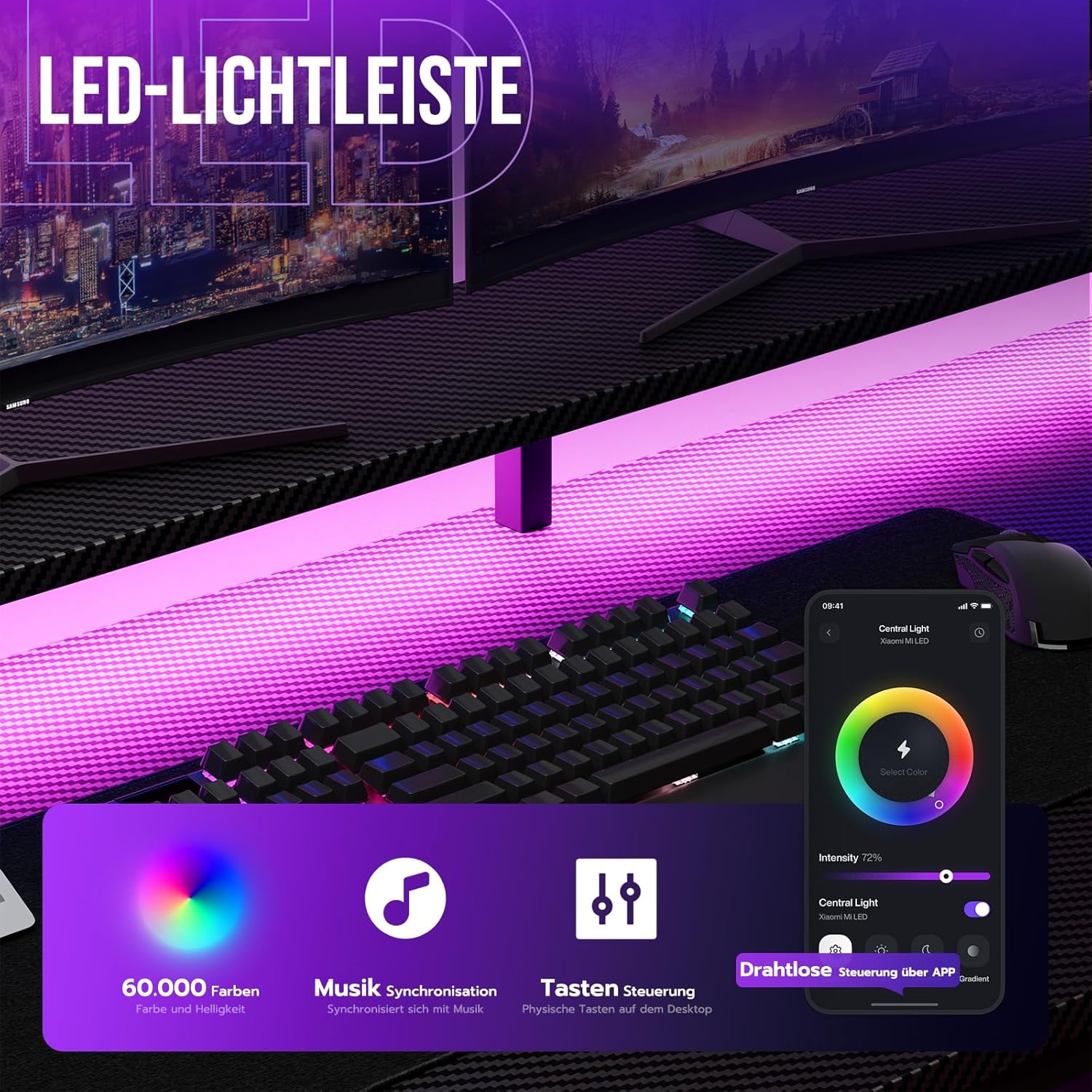 Detalle 2 de YOUDENOVA Scrivania da gioco 130 x 50 cm con LED, prese e cassetti in fibra di carbonio, nero