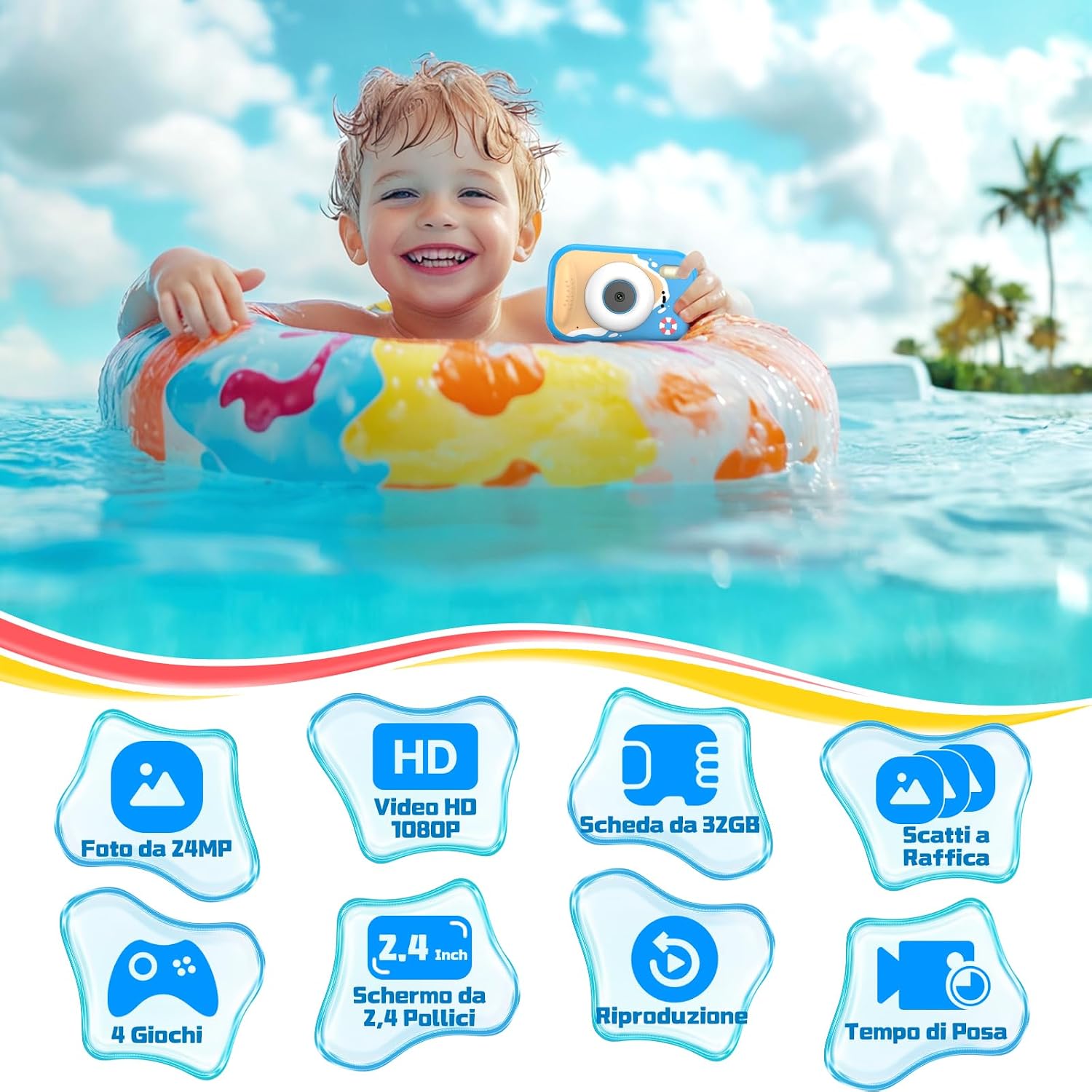 Detalle de CHAKEYAKE: Macchina Fotografica per Bambini 1080P IP67, Zoom 10x e Schermo 2,4'' – Regalo Ideale per Avventure in Piscina e Spiaggia
