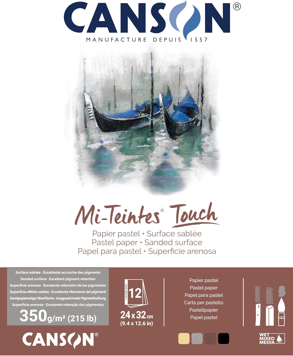Detalle de Canson Mi-Teintes Touch Blocco Collato Lungo 24 x 32 cm – 12 fogli, 4 colori assortiti (Crema, Grigio, Seppia, Nero) 350 g/m²