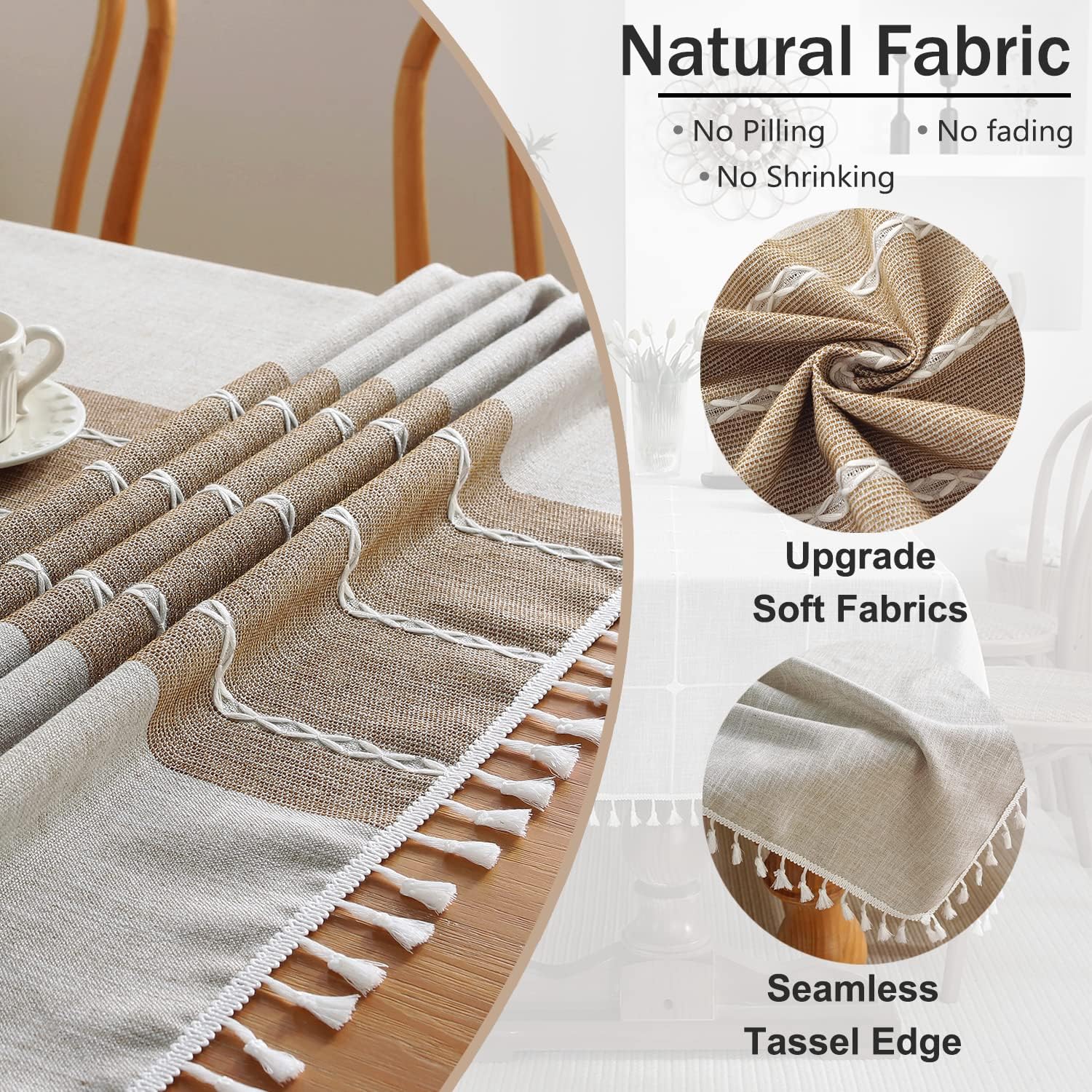 Detalle de JIALE Rectangle Tablecloths — Brown Cotton Linen, 55" x 86", Waterproof & Wrinkle-Free with Tassels
