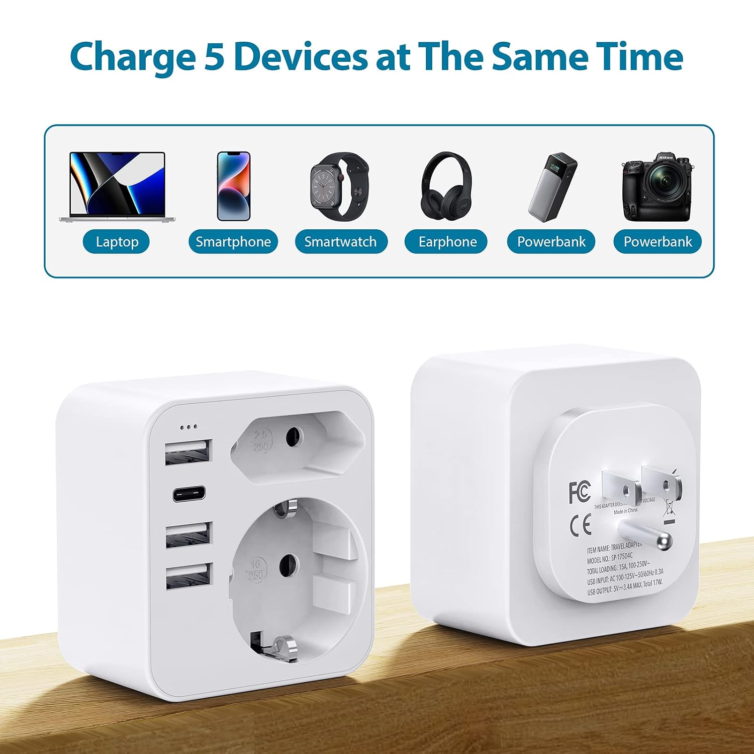 Detalle 2 de USA Reiseadapter mit 3 USB + USB-C (bis 3,4 A) für Deutschland/Europa-Stecker
