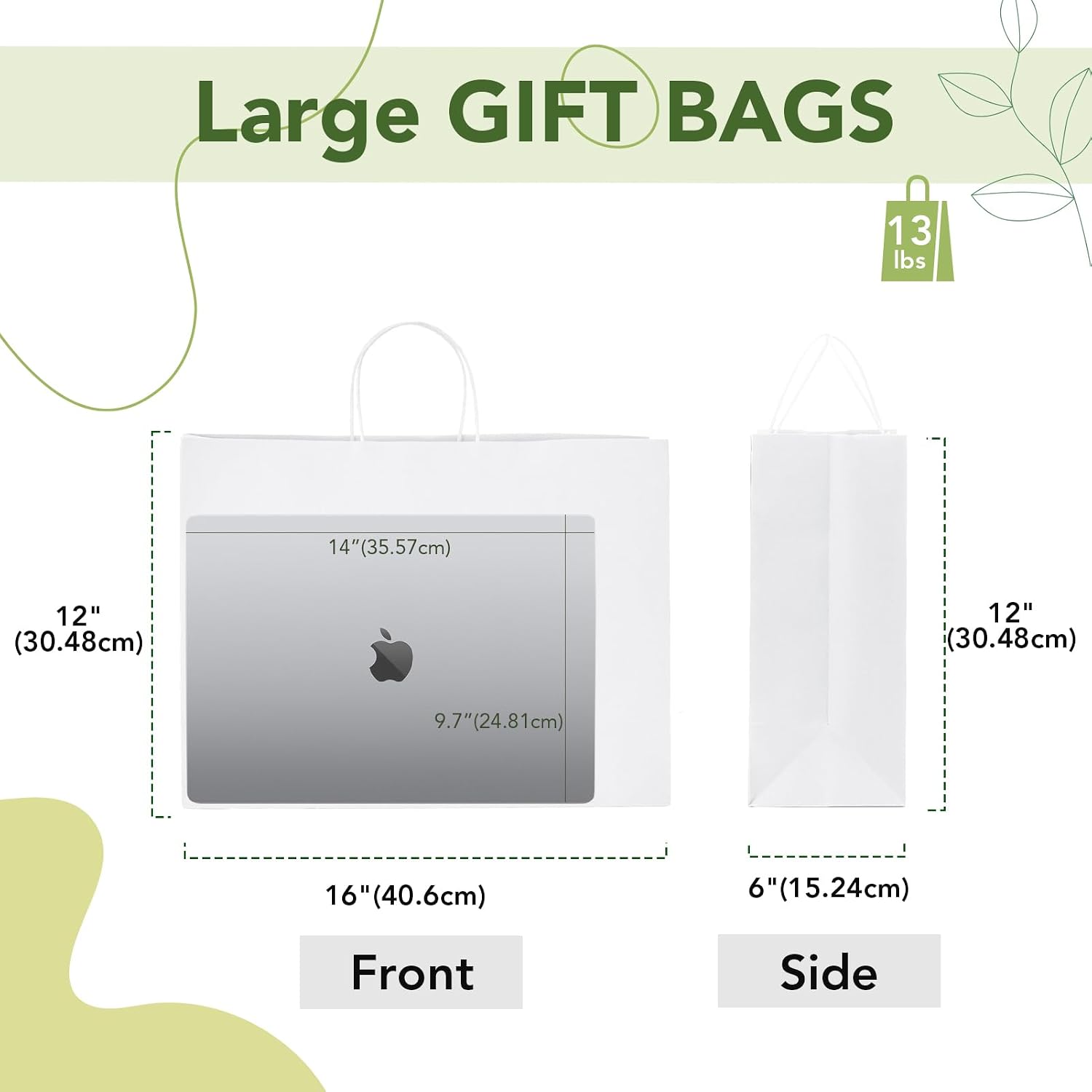 Thumbnail 2 de MESHA 16x6x12" 50-Pack White Kraft Paper Bags with Handles