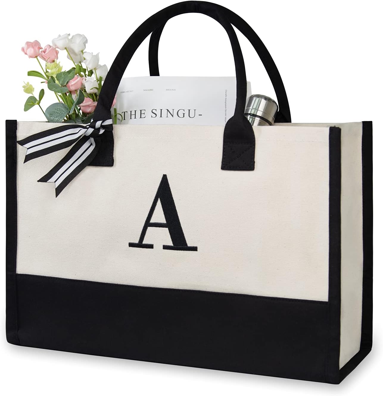 Thumbnail 5 de Personalized Initial Canvas Beach Bag, Monogrammed Gift Tote Bag for Women