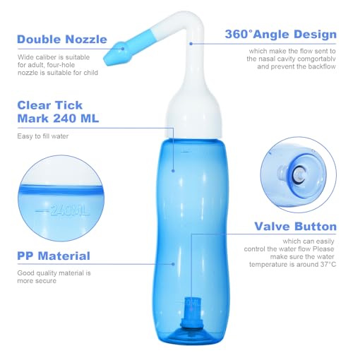 Thumbnail 2 de URAQT Lavado Nasal Adulto: Irrigador de 240 ml con 2 boquillas, Neti Pot con sal y termómetro pegatina