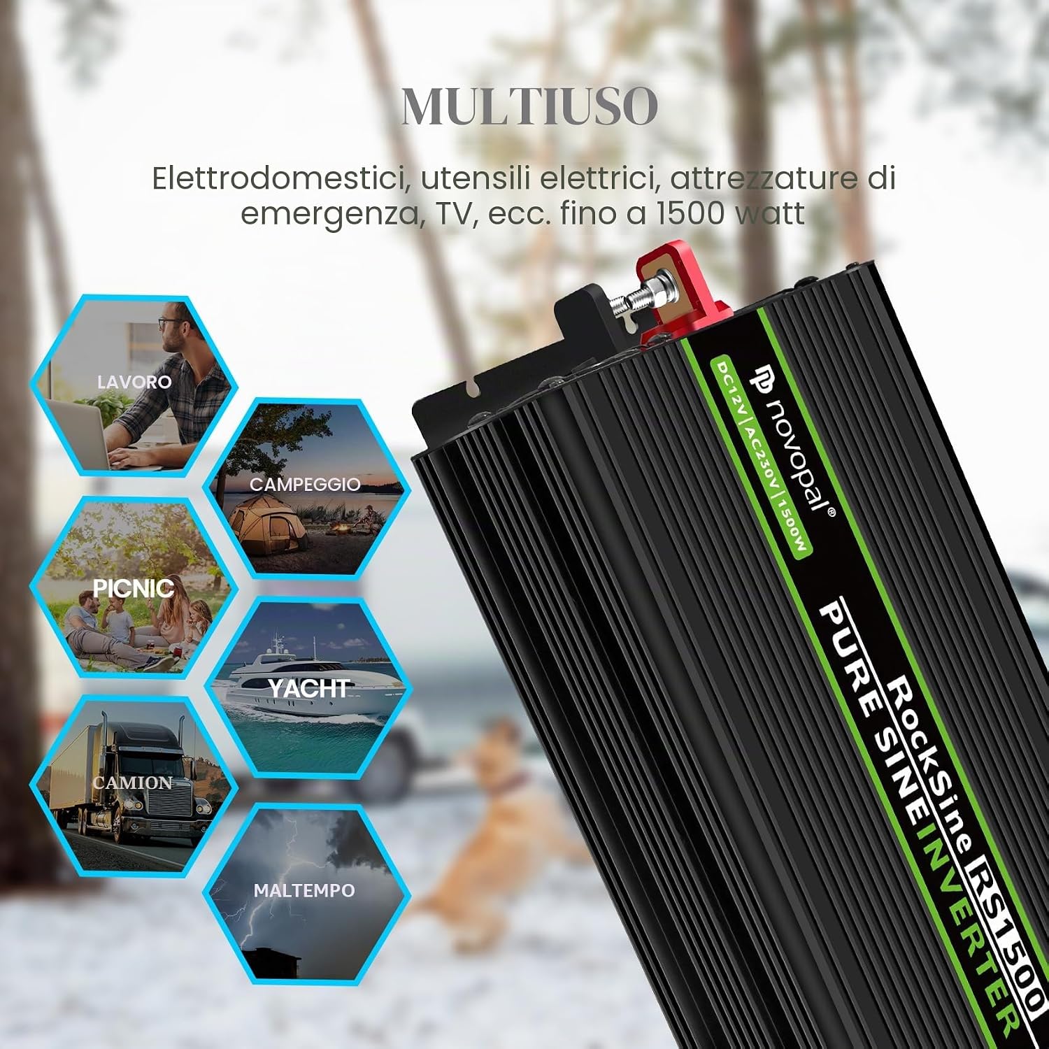 Thumbnail 6 de Novopal Power Inverter onda sinusoidale pura 1500W (12V DC → 220V/230V AC) con telecomando e 2 prese EU