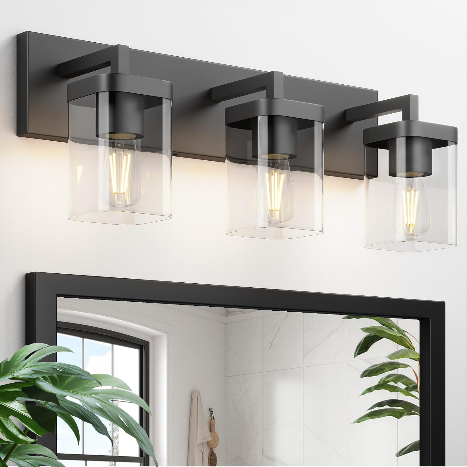 Detalle de Danshinro 3-Light Bathroom Vanity Light, Black Metal with Glass Shades