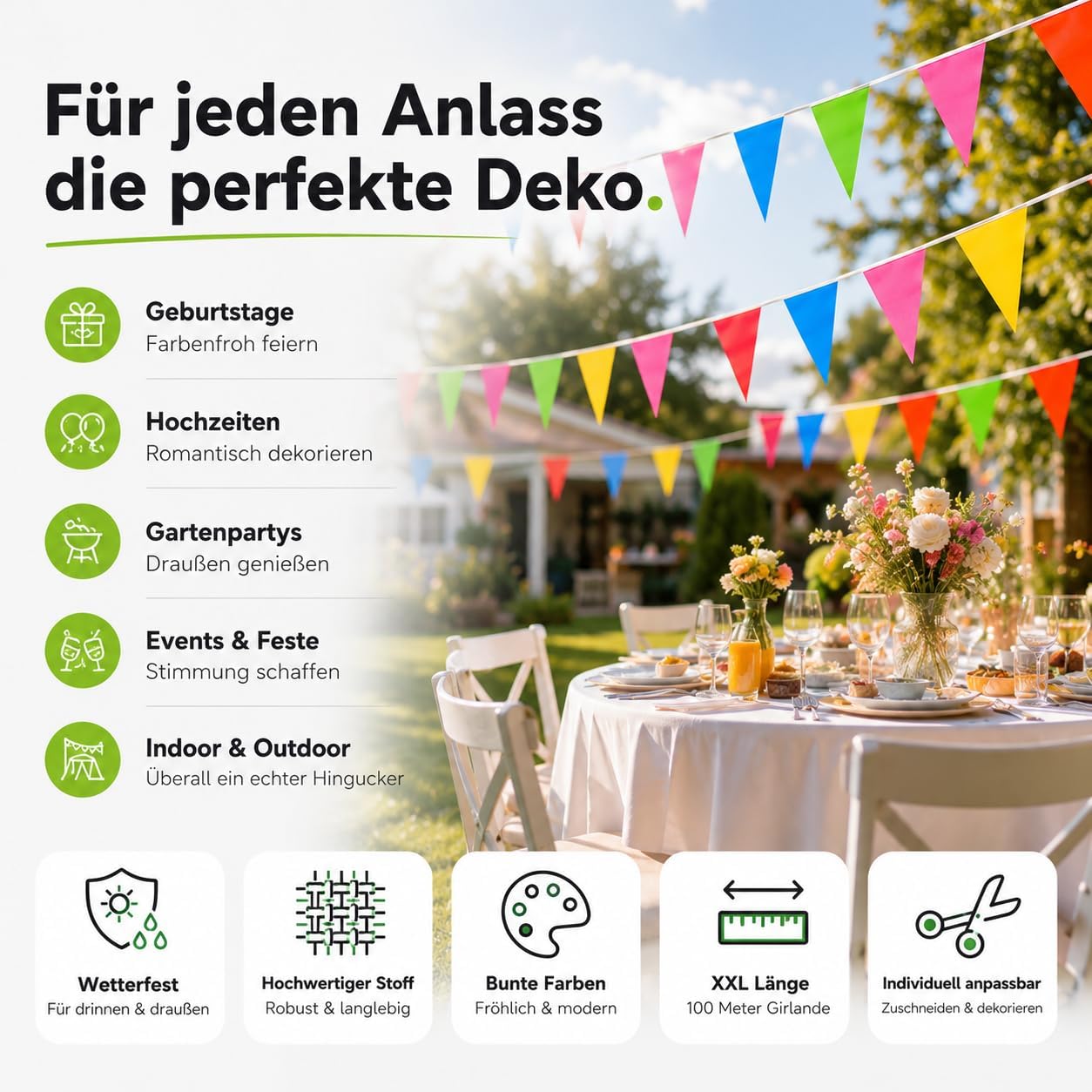 Detalle de XXL Wimpelkette Stoff 100 Meter bunt – Girlande & Banner für Indoor und Outdoor Deko