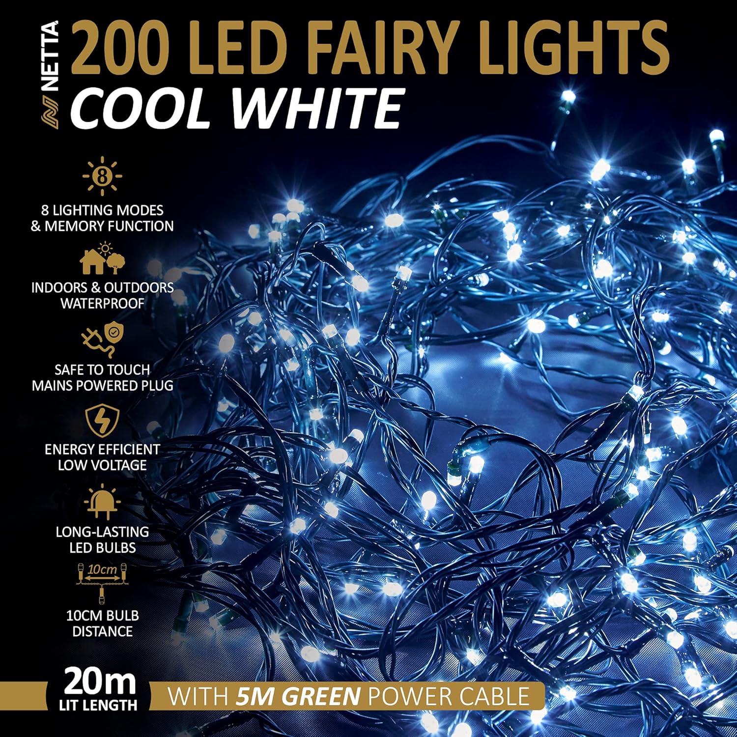 Thumbnail 1 de NETTA Christmas Tree Fairy Lights (200 LED, Cool White) – 8 Lighting Modes for Indoor/Outdoor Use