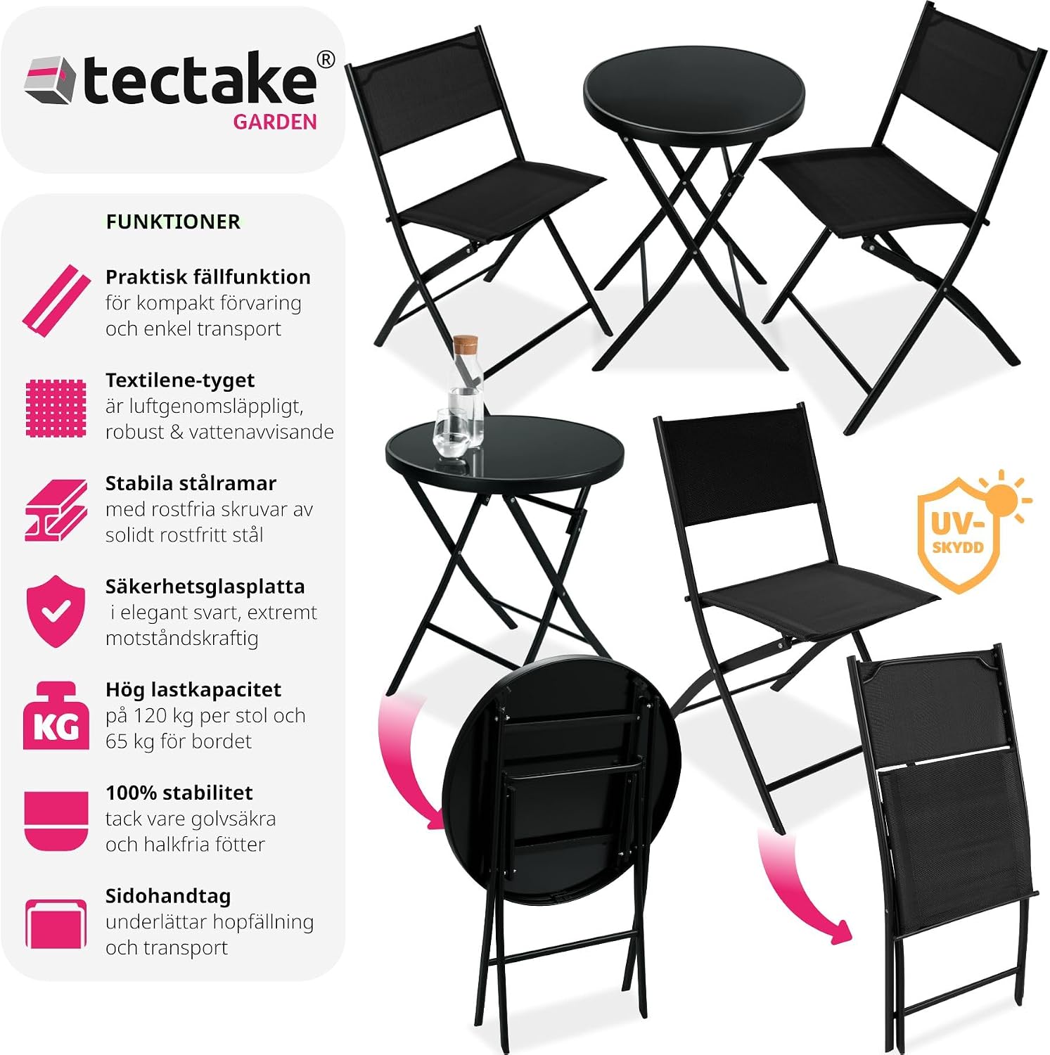 Detalle 2 de tectake 402936-3 bistroset med glasbord och två hopfällbara stolar